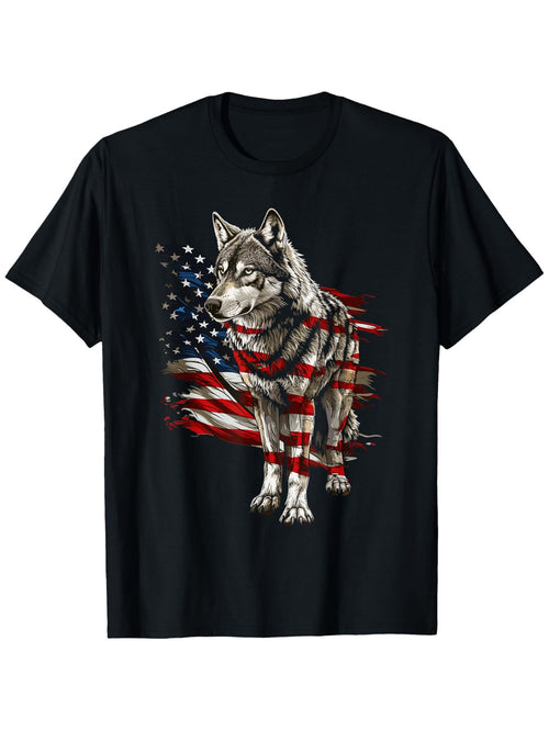 Patriotic Wolf USA T-Shirt - 4th of July, American Flag, 100% Cotton, Unisex, S-XXXL