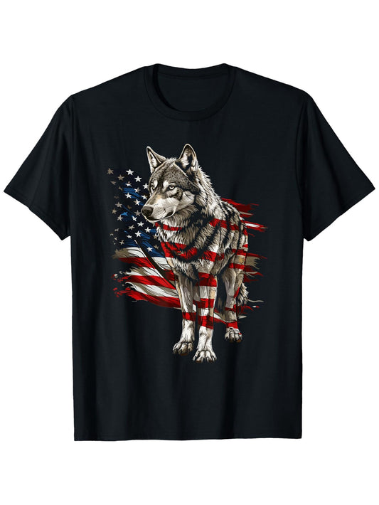 Patriotic Wolf USA T-Shirt - 4th of July, American Flag, 100% Cotton, Unisex, S-XXXL