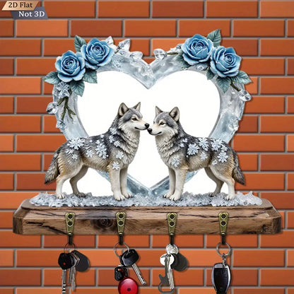 Wolf & Heart Wooden Key Rack - Rustic, Wall-Mounted, 4 Hooks, Winter Wonderland, Christmas Gift