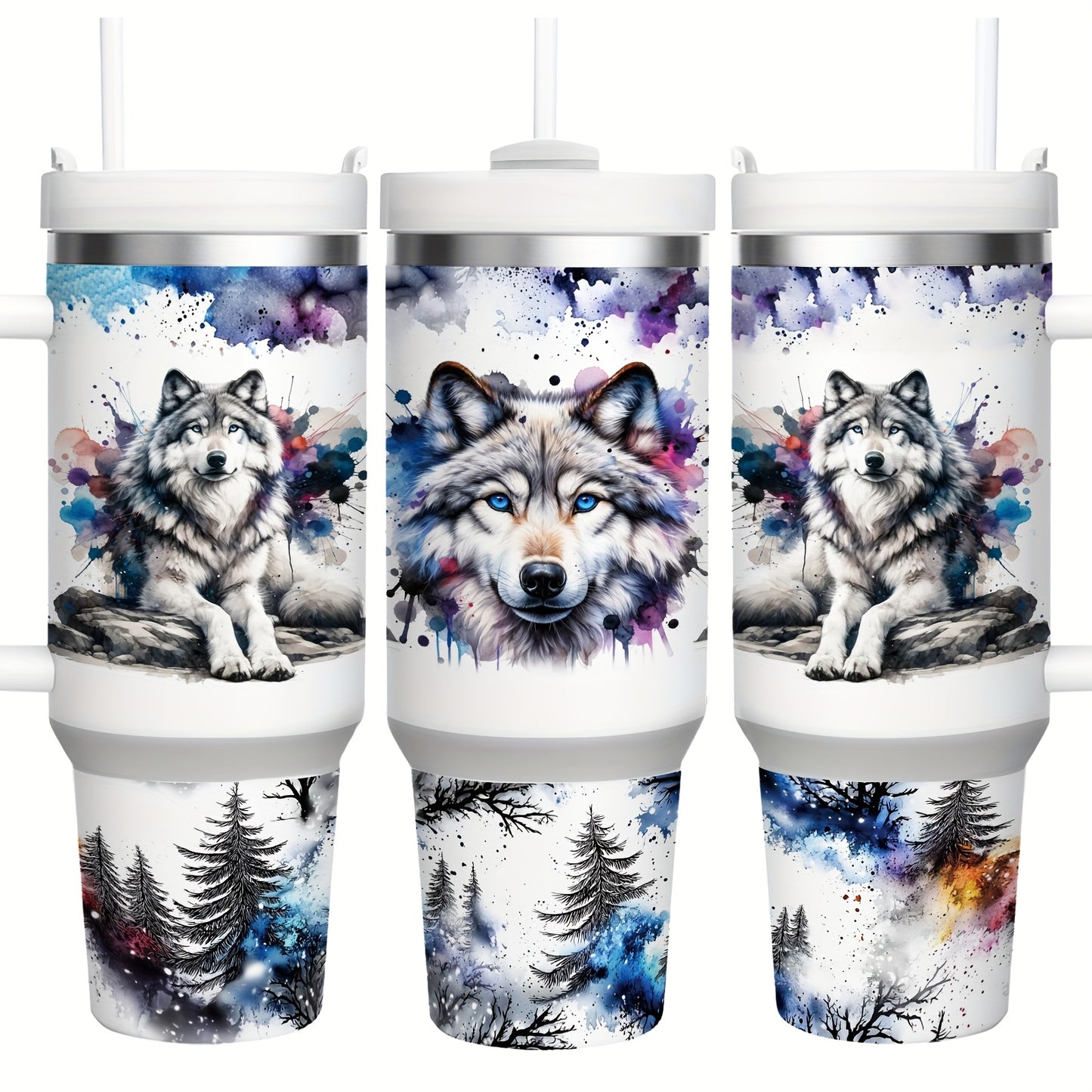 Mikenda Floral Wolf Tumbler - 40oz, Insulated Stainless Steel, Straw & Lid, Hot & Cold