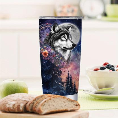 Wolf & Moon Tumbler - 20oz, Double-Wall Insulated, Mystical Forest, Car Cup, Gift