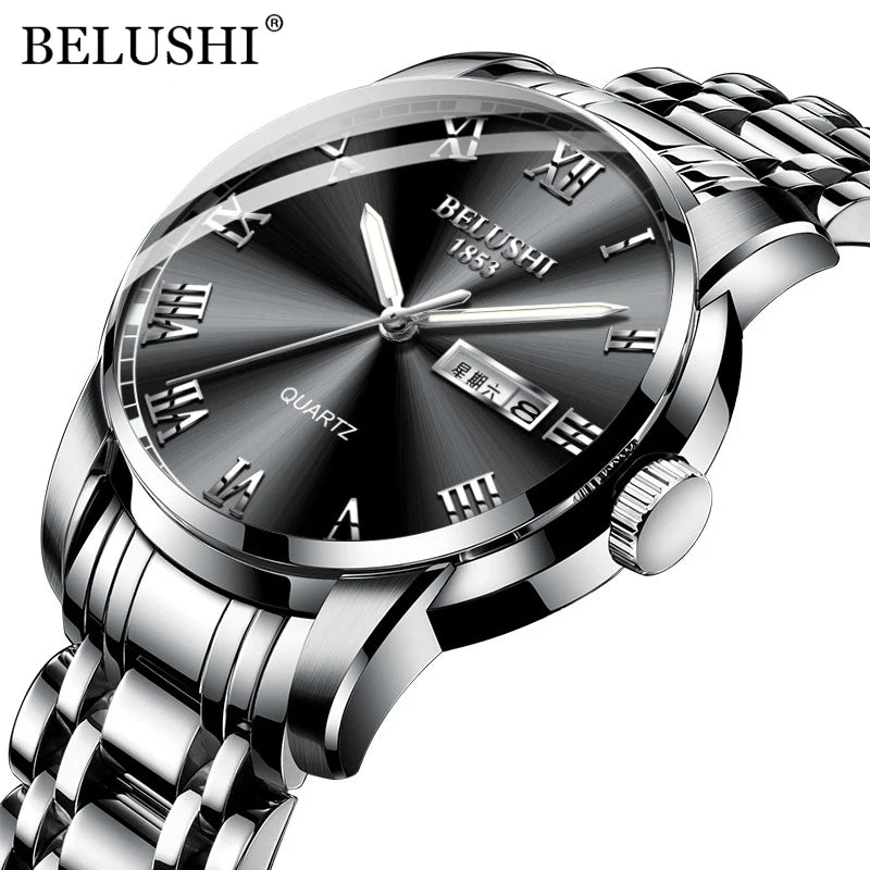 BELUSHI 556 Men's Sport Quartz Watch - Roman Numeral, Luminous, 3ATM, Stainless Steel Band