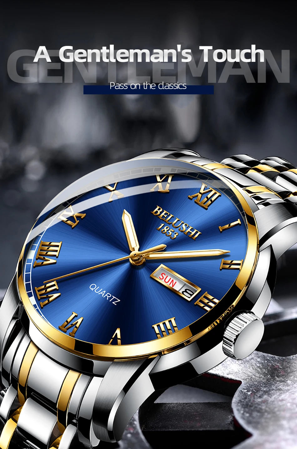 BELUSHI 556 Men's Sport Quartz Watch - Roman Numeral, Luminous, 3ATM, Stainless Steel Band