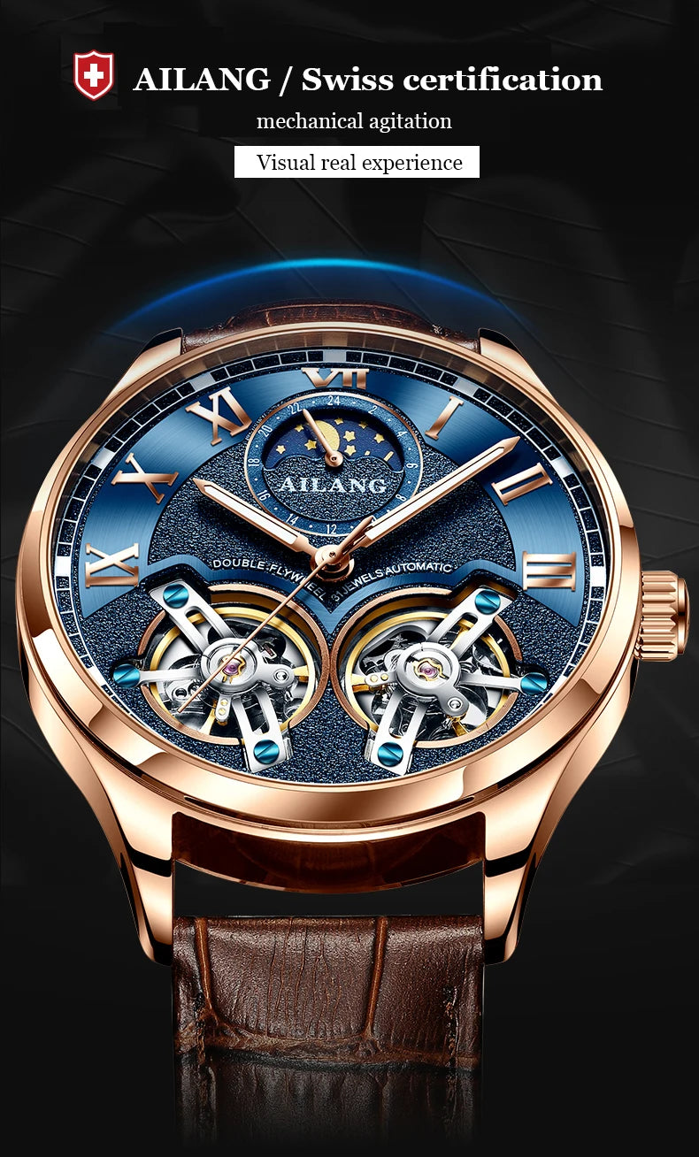 AILANG AL-8822 Double Flywheel Automatic Watch - Moon Phase, Transparent Back, Luxury