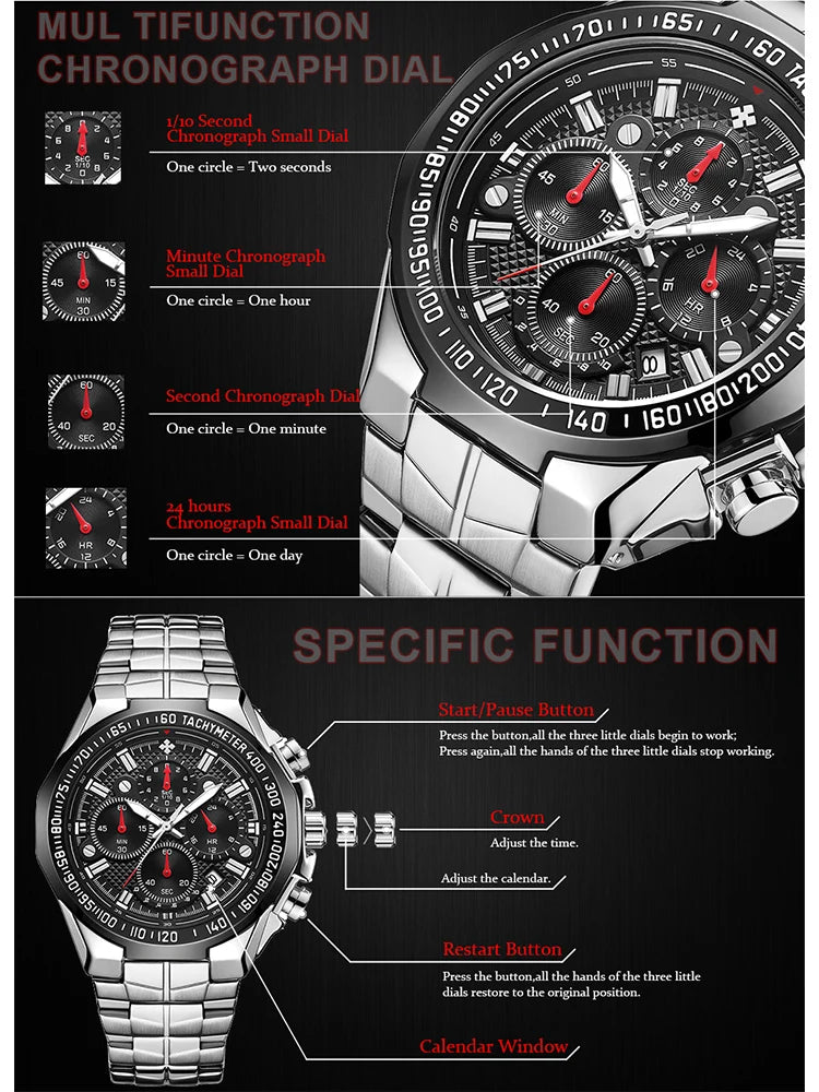 WWOOR Men’s Stainless Steel Quartz Chronograph Watch, Model 8868