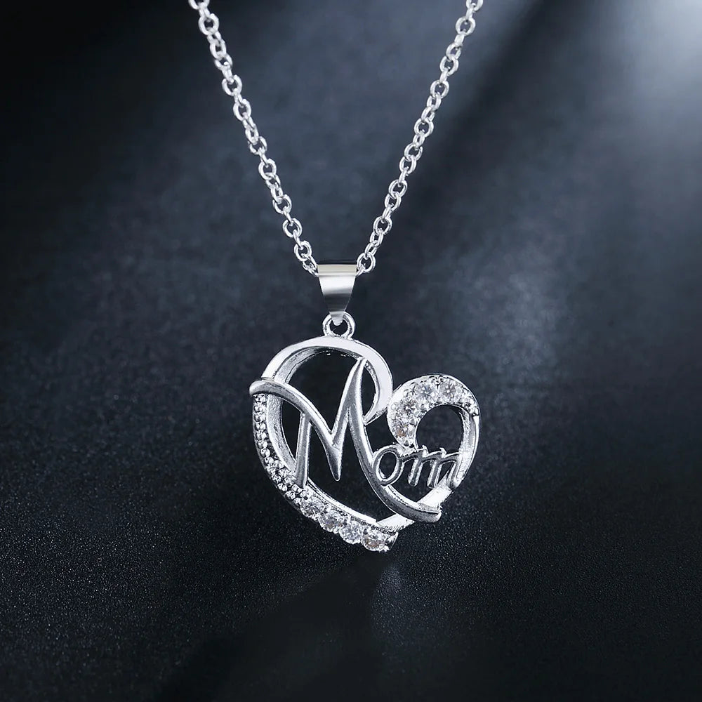 Mom Heart Pendant Necklace – 925 Sterling Silver, AAA Zircon Crystal