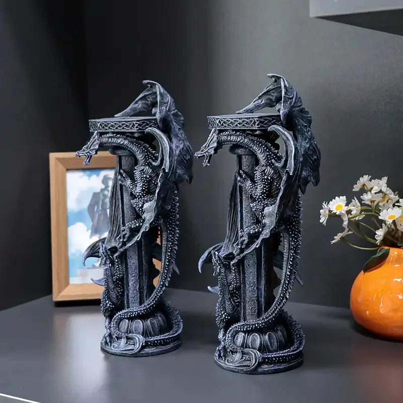 Dragon Pillar Candle Holders - Gothic Resin Set of 2