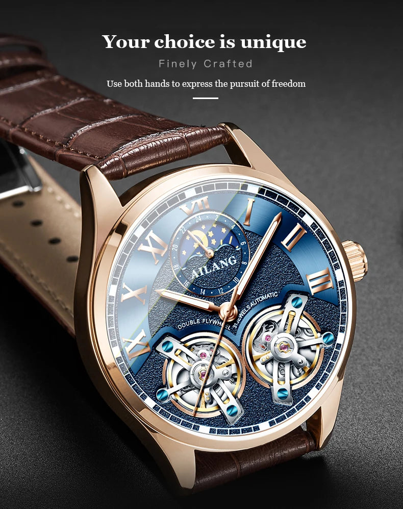 AILANG AL-8822 Double Flywheel Automatic Watch - Moon Phase, Transparent Back, Luxury