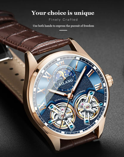 AILANG AL-8822 Double Flywheel Automatic Watch - Moon Phase, Transparent Back, Luxury
