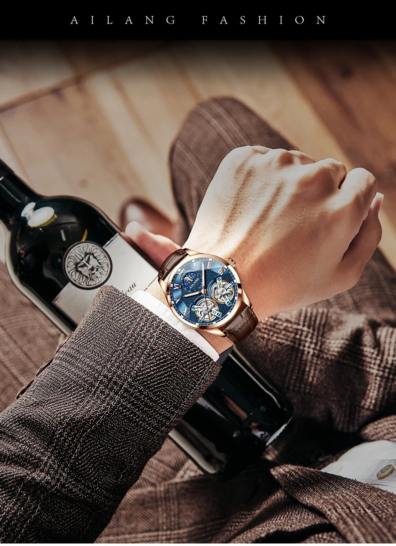 AILANG AL-8822 Double Flywheel Automatic Watch - Moon Phase, Transparent Back, Luxury
