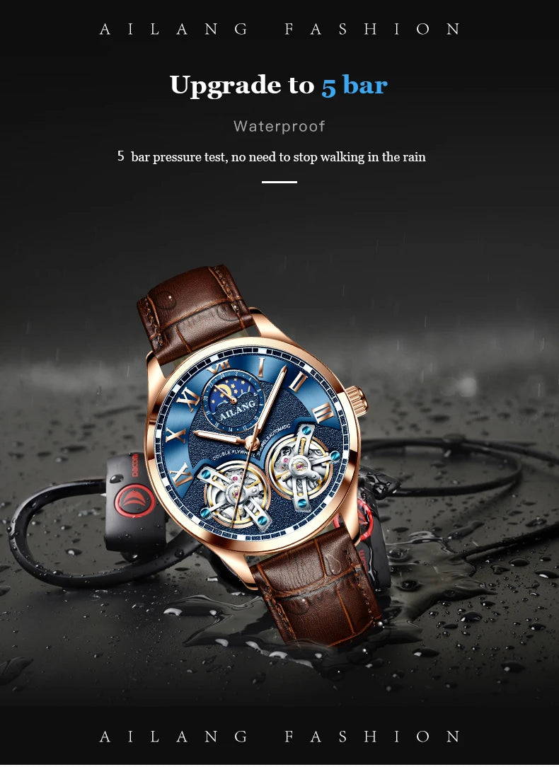 AILANG AL-8822 Double Flywheel Automatic Watch - Moon Phase, Transparent Back, Luxury