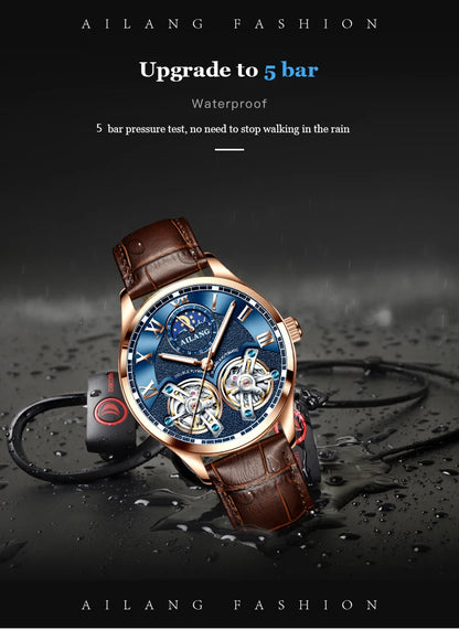 AILANG AL-8822 Double Flywheel Automatic Watch - Moon Phase, Transparent Back, Luxury
