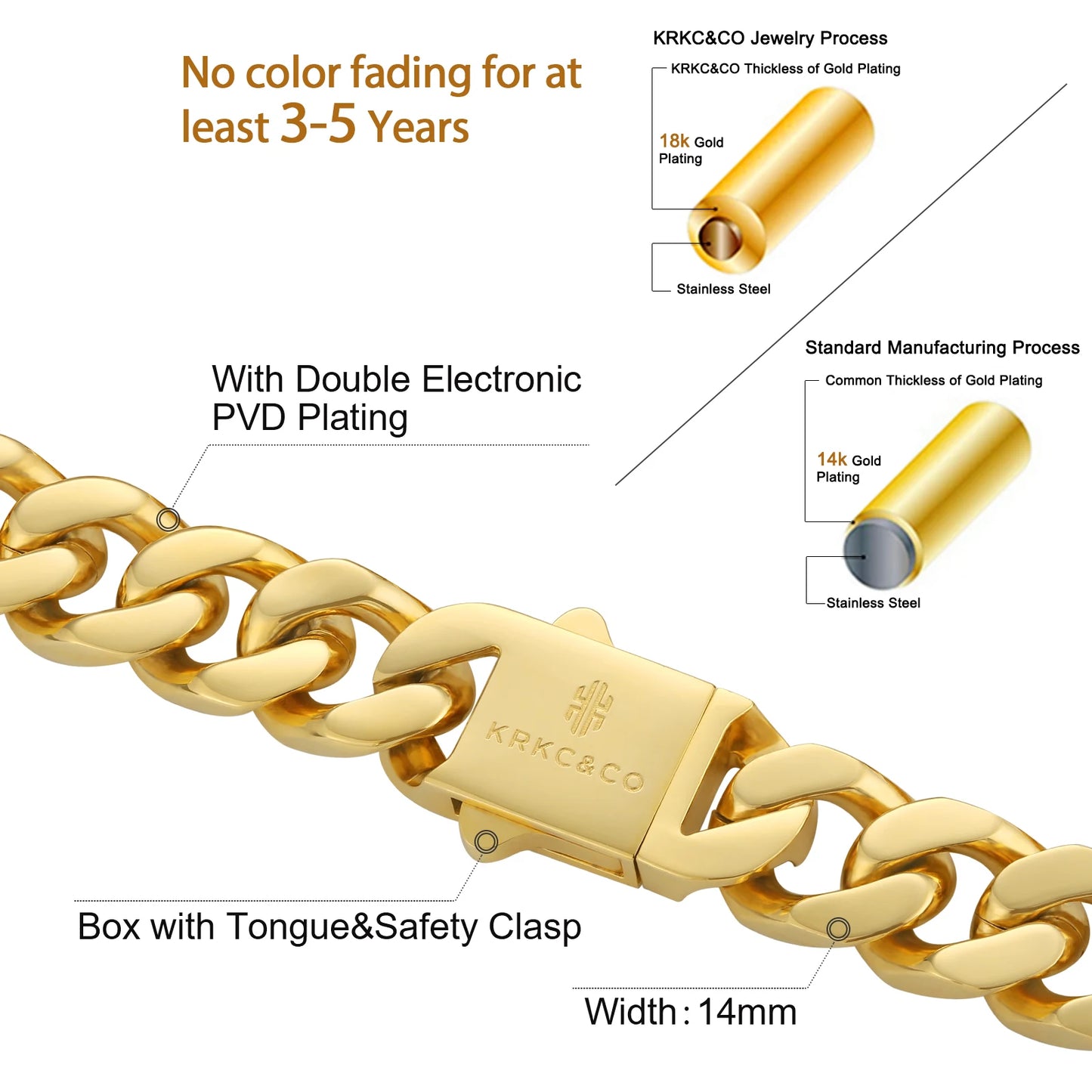 14mm 18K Gold Plated Cuban Chain Necklace for Men