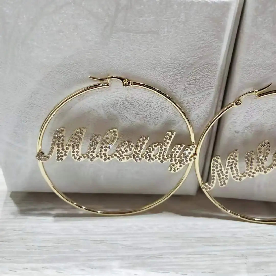 Custom Name Hoop Earrings - Stainless Steel with Crystals