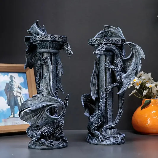 Dragon Pillar Candle Holders - Gothic Resin Set of 2