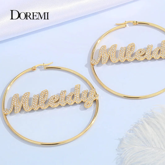 Custom Name Hoop Earrings - Stainless Steel with Crystals