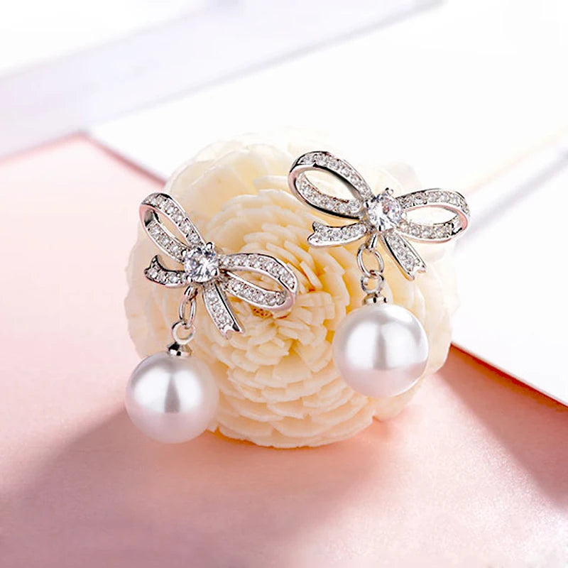 Pearl Bow Drop Earrings