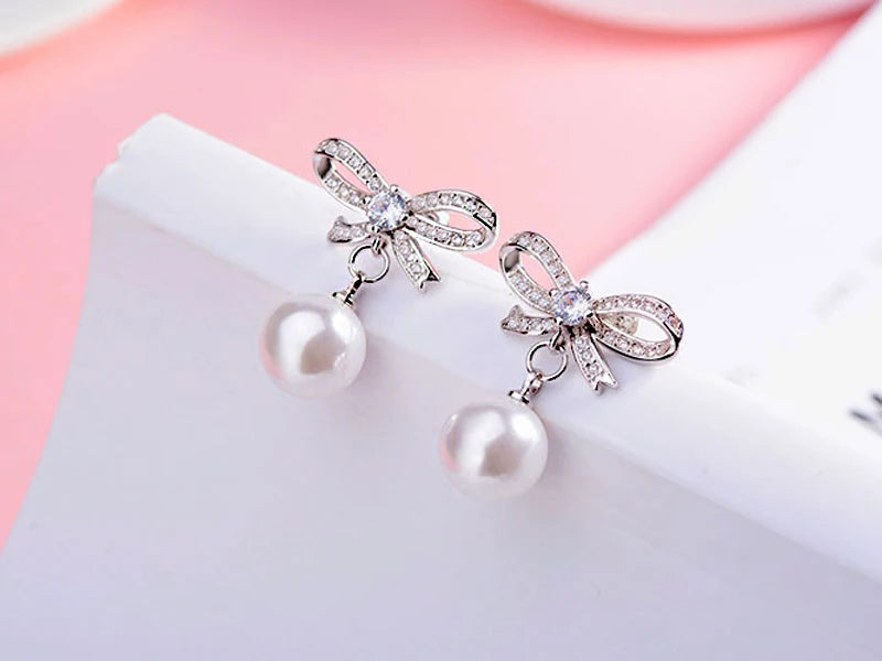 Pearl Bow Drop Earrings