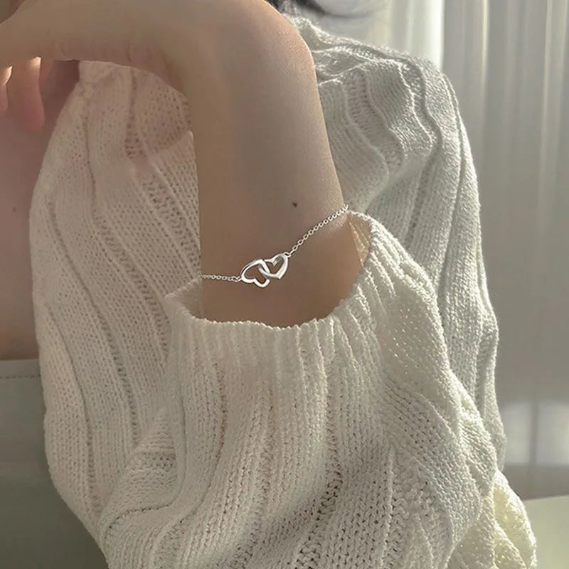 Double Heart Bracelet - Silver Plated Alloy