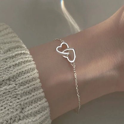 Double Heart Bracelet - Silver Plated Alloy