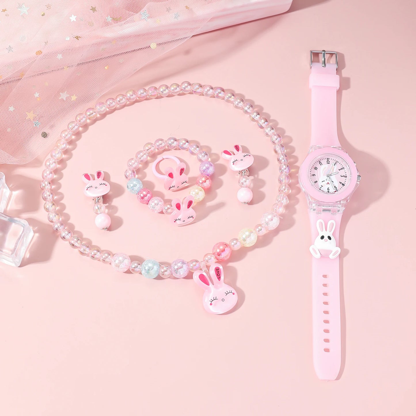 LED Light-Up Bunny Watch & Jewelry Set - Pink