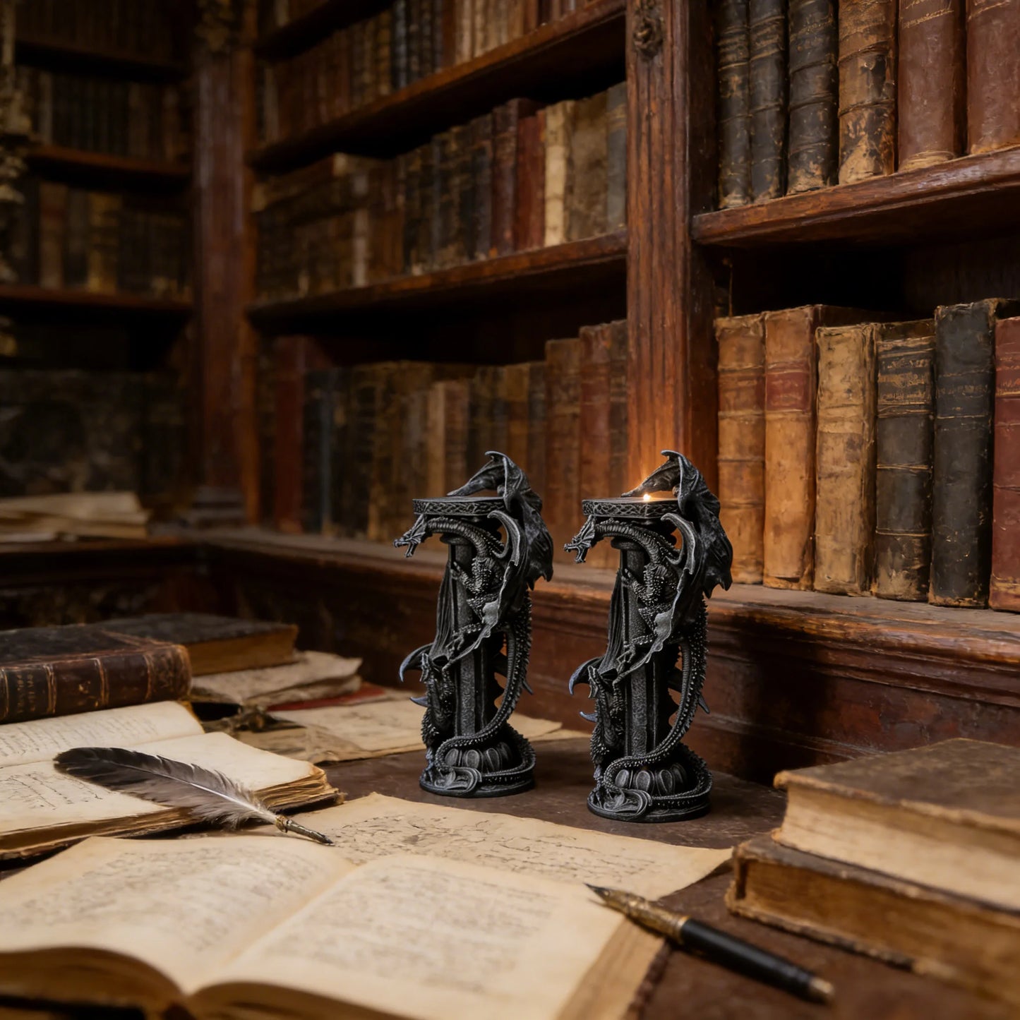 Dragon Pillar Candle Holders - Gothic Resin Set of 2