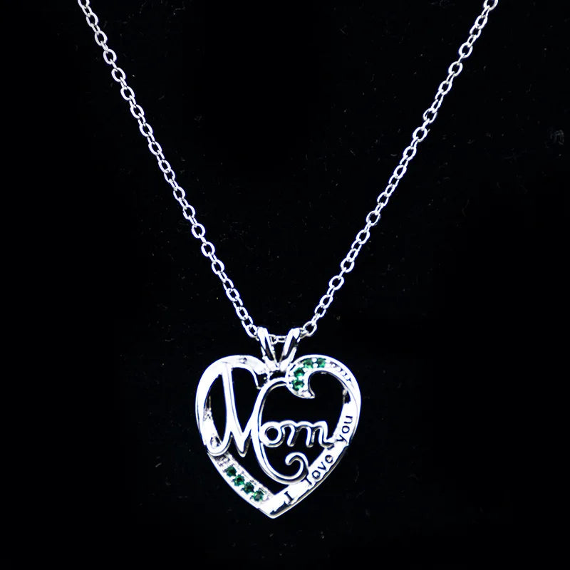 'I Love You Mom' Heart Pendant Necklace – 925 Sterling Silver, Zircon & Crystal