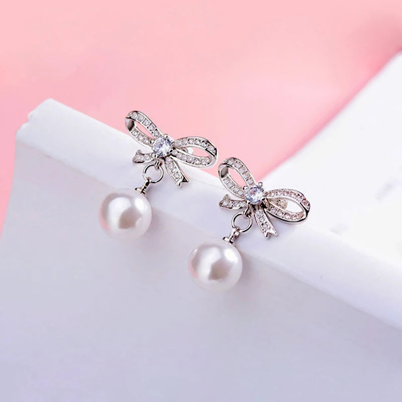 Pearl Bow Drop Earrings