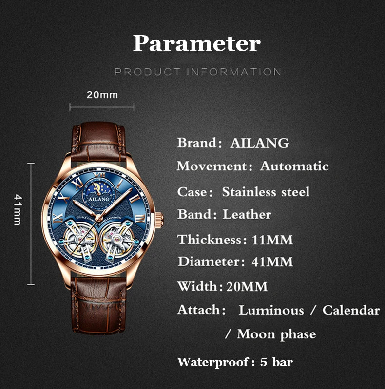 AILANG AL-8822 Double Flywheel Automatic Watch - Moon Phase, Transparent Back, Luxury
