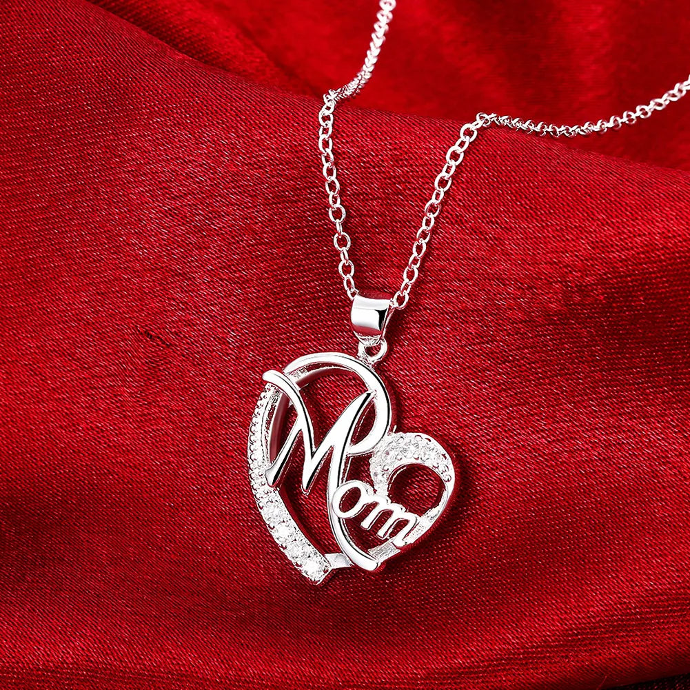 Mom Heart Pendant Necklace – 925 Sterling Silver, AAA Zircon Crystal