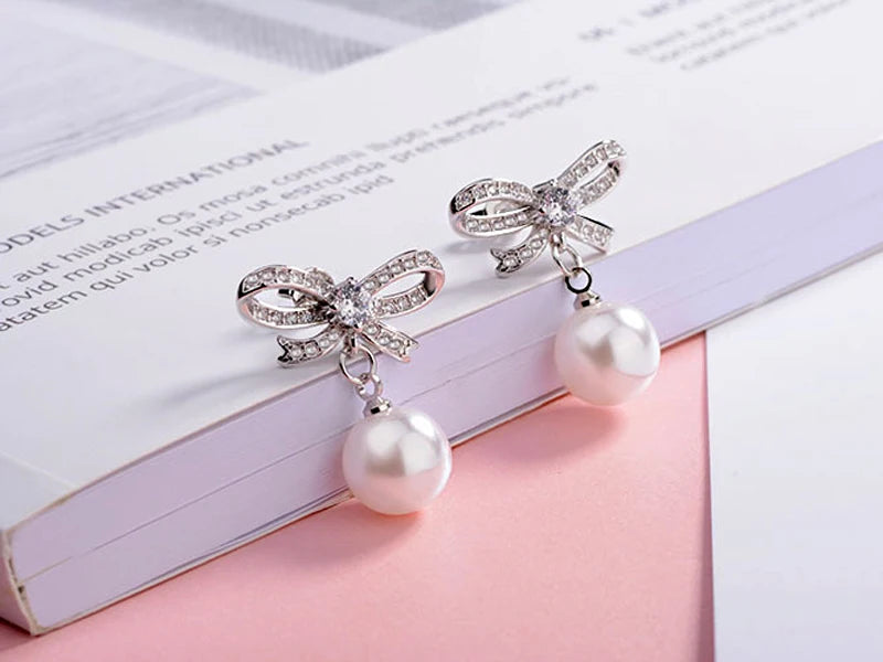 Pearl Bow Drop Earrings