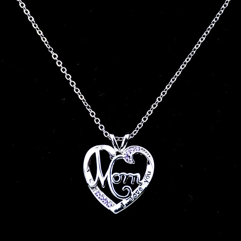'I Love You Mom' Heart Pendant Necklace – 925 Sterling Silver, Zircon & Crystal