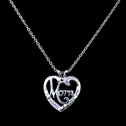 'I Love You Mom' Heart Pendant Necklace – 925 Sterling Silver, Zircon & Crystal