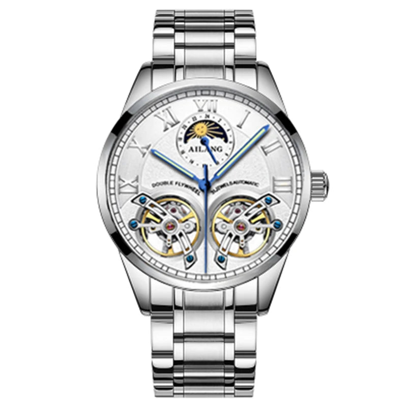 AILANG AL-8822 Double Flywheel Automatic Watch - Moon Phase, Transparent Back, Luxury