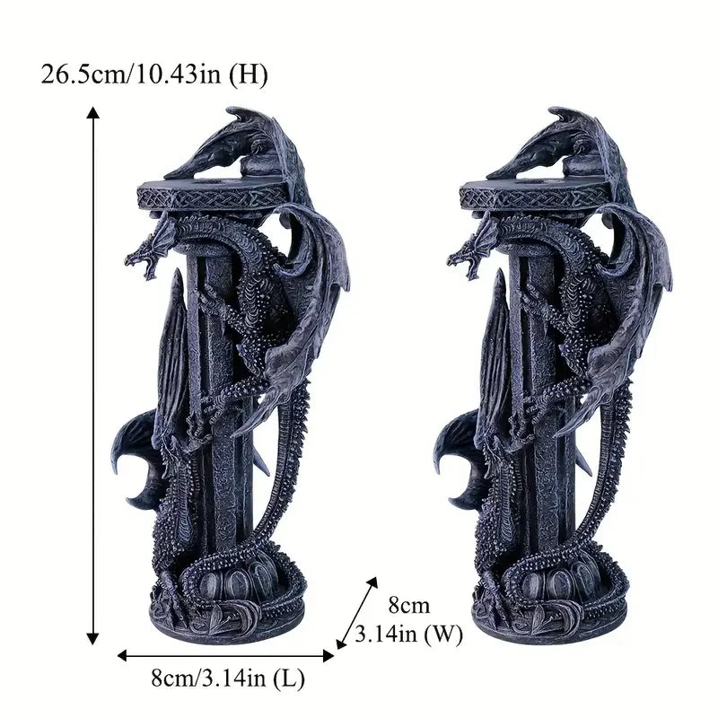 Dragon Pillar Candle Holders - Gothic Resin Set of 2