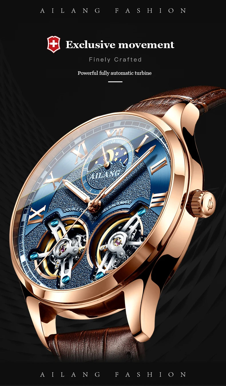 AILANG AL-8822 Double Flywheel Automatic Watch - Moon Phase, Transparent Back, Luxury
