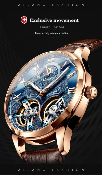 AILANG AL-8822 Double Flywheel Automatic Watch - Moon Phase, Transparent Back, Luxury