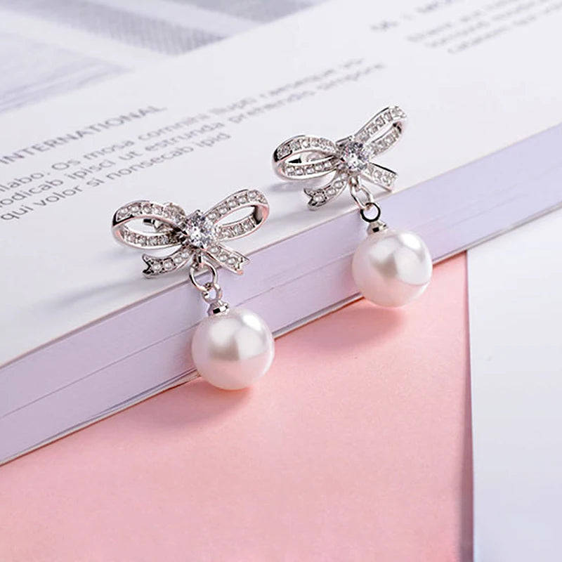 Pearl Bow Drop Earrings