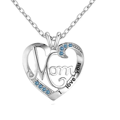 'I Love You Mom' Heart Pendant Necklace – 925 Sterling Silver, Zircon & Crystal