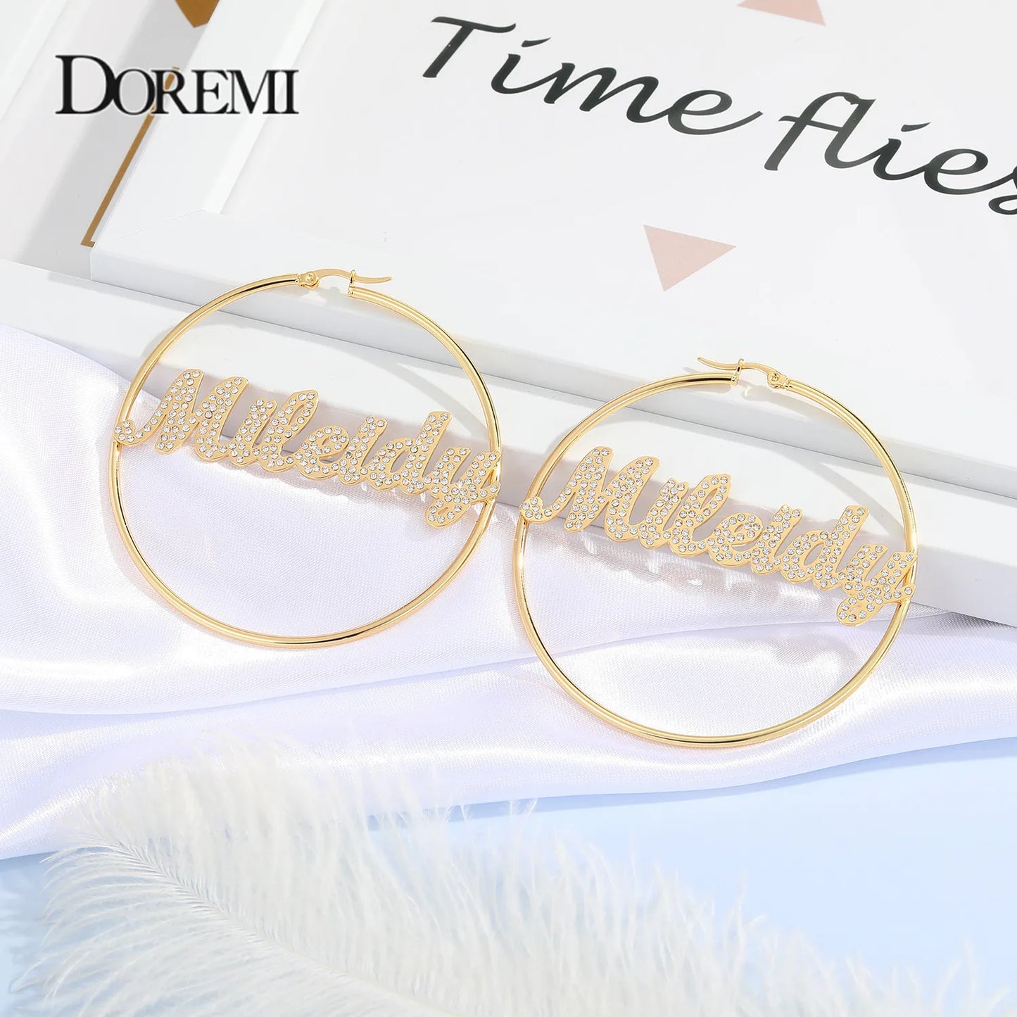 Custom Name Hoop Earrings - Stainless Steel with Crystals