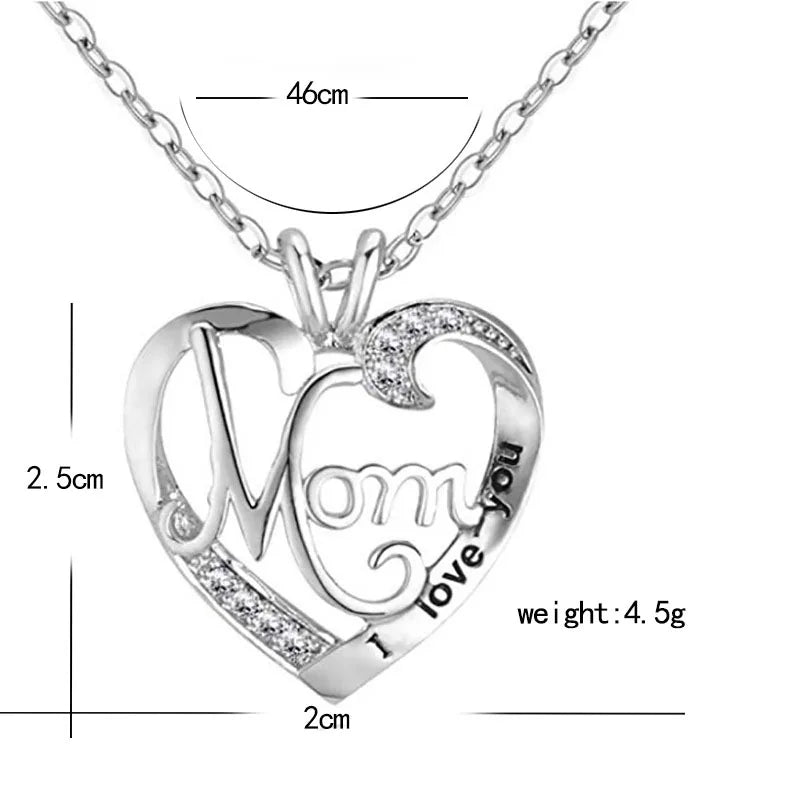 'I Love You Mom' Heart Pendant Necklace – 925 Sterling Silver, Zircon & Crystal