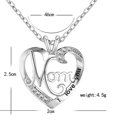 'I Love You Mom' Heart Pendant Necklace – 925 Sterling Silver, Zircon & Crystal