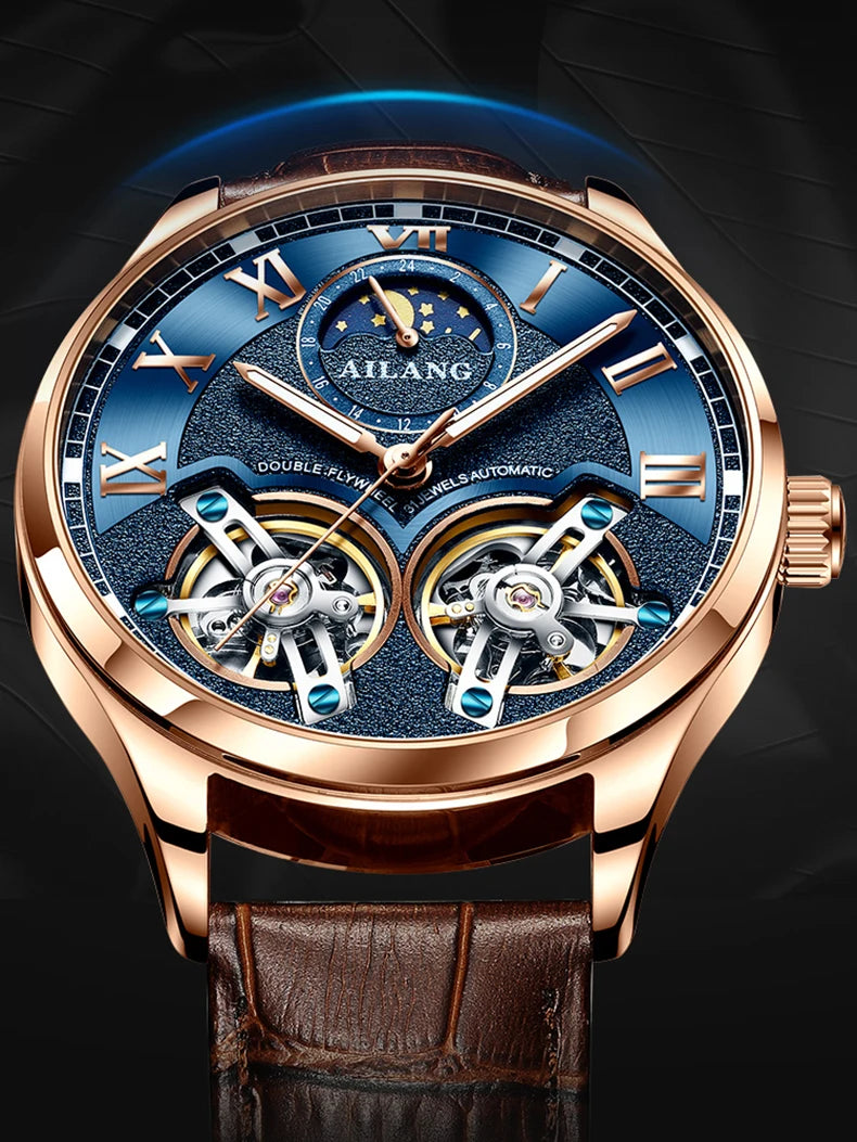 AILANG AL-8822 Double Flywheel Automatic Watch - Moon Phase, Transparent Back, Luxury