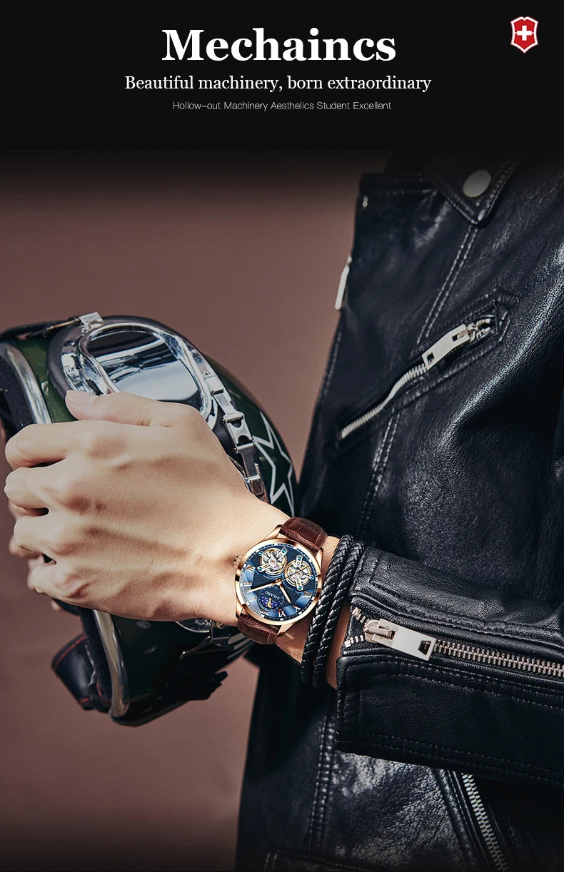 AILANG AL-8822 Double Flywheel Automatic Watch - Moon Phase, Transparent Back, Luxury