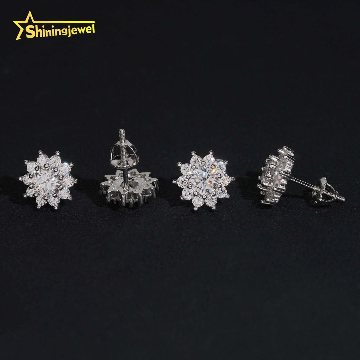 Moissanite Flower Stud Earrings - 925 Silver 10mm Round