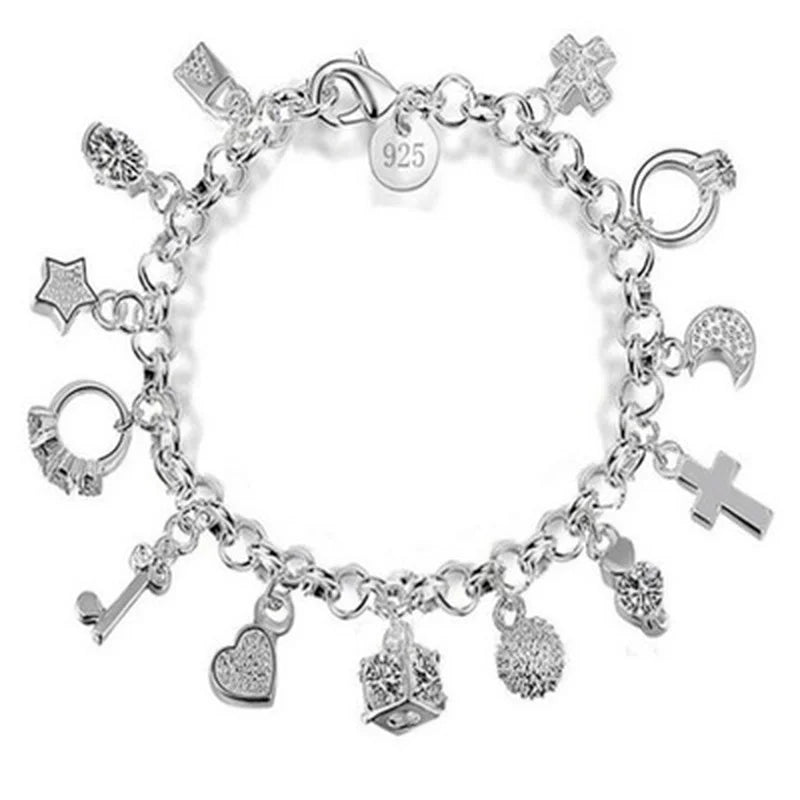 925 Sterling Silver Charm Bracelet - 13 Pendants