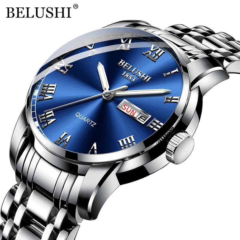BELUSHI 556 Men's Sport Quartz Watch - Roman Numeral, Luminous, 3ATM, Stainless Steel Band