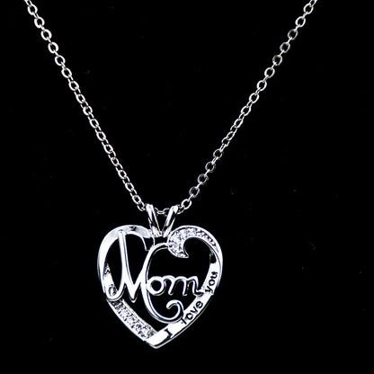 'I Love You Mom' Heart Pendant Necklace – 925 Sterling Silver, Zircon & Crystal