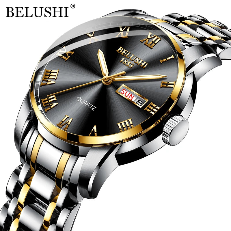 BELUSHI 556 Men's Sport Quartz Watch - Roman Numeral, Luminous, 3ATM, Stainless Steel Band
