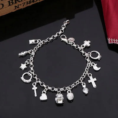 925 Sterling Silver Charm Bracelet - 13 Pendants